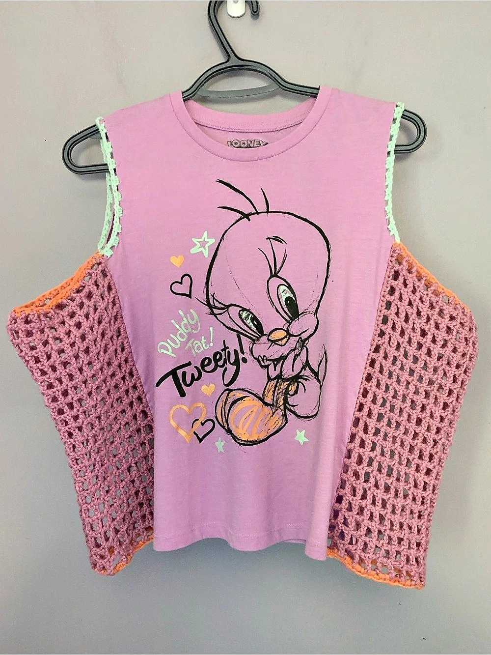 Upcycled Looney Tunes Tweety Bird Graphic Tank Top With Crochet - Picture 3 of 8